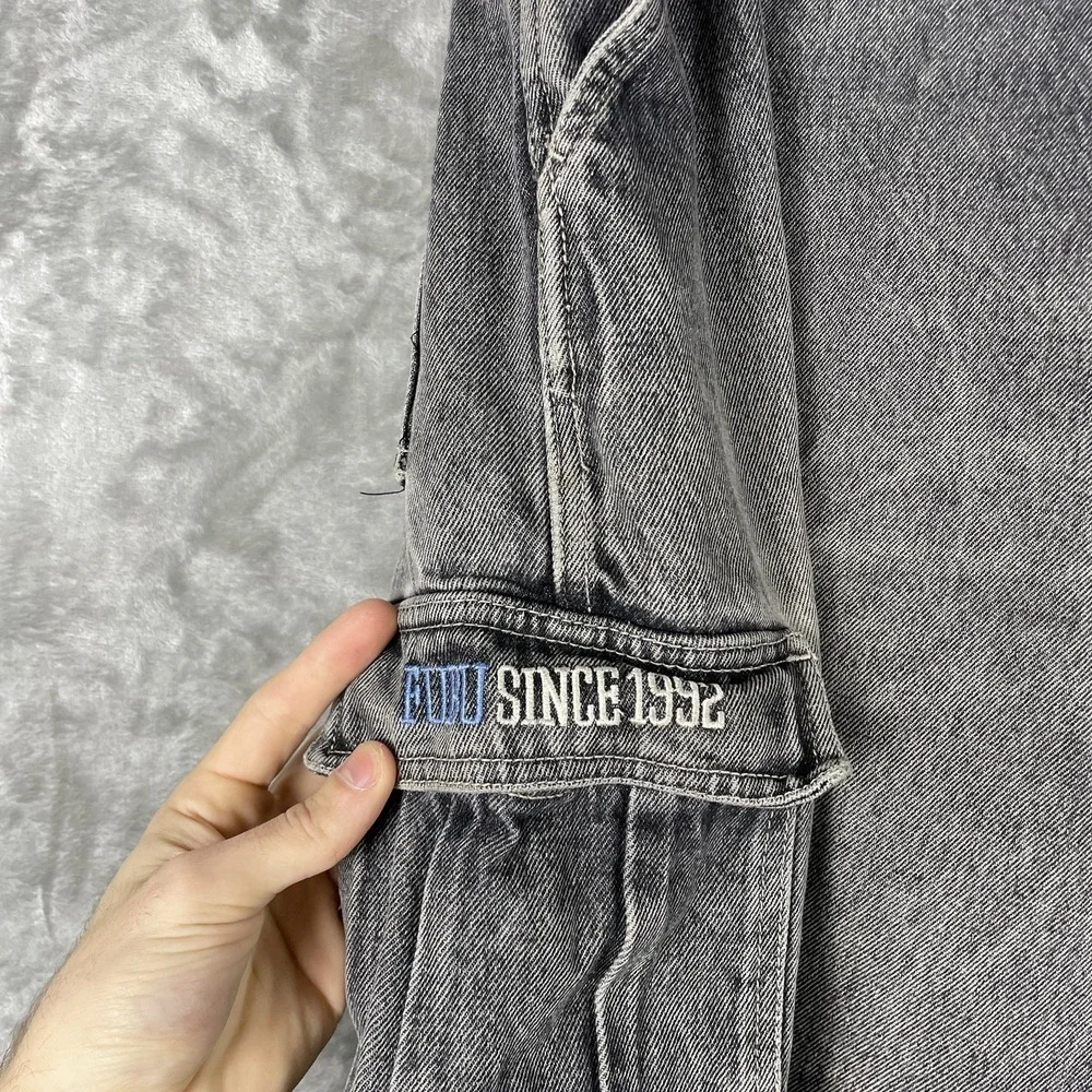Vtg Y2K FUBU Cargo Shorts Black Denim Jorts Super Baggy Loose 38W (fit 36x15)